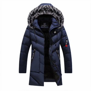 Men's luxury navy blue insulated winter parka with a fur-lined hood, featuring long sleeves and a high collar, shown in dark blue color, size 3XL.