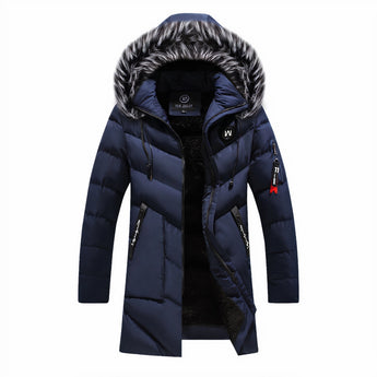 Men's luxury navy blue insulated winter parka with a fur-lined hood, featuring long sleeves and a high collar, shown in dark blue color, size 3XL.