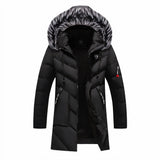 Men's luxury winter parka in navy blue featuring a fur hood, insulated design, and black accents, shown in a 3XL size.