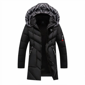 Men's luxury winter parka in navy blue featuring a fur hood, insulated design, and black accents, shown in a 3XL size.