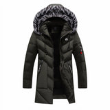 Men's luxury navy blue insulated winter parka with a fur-trimmed hood, featuring long sleeves and a protective collar.