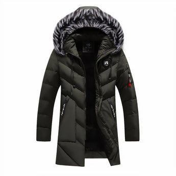 Men's luxury navy blue insulated winter parka with a fur-trimmed hood, featuring long sleeves and a protective collar.