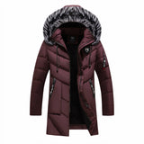 Men's luxury navy blue insulated winter parka with a fur hood, featuring long sleeves and a stylish design.