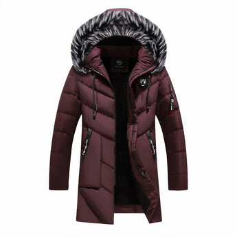 Men's luxury navy blue insulated winter parka with a fur hood, featuring long sleeves and a stylish design.