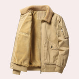 Men's luxury tan shearling bomber jacket in khaki, featuring a warm shearling collar and long sleeves, designed as a stylish winter coat in size 2XL.