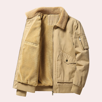Men's luxury tan shearling bomber jacket in khaki, featuring a warm shearling collar and long sleeves, designed as a stylish winter coat in size 2XL.