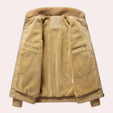 Men's luxury tan shearling bomber jacket featuring a warm, beige khaki color, with a collar and full sleeves.