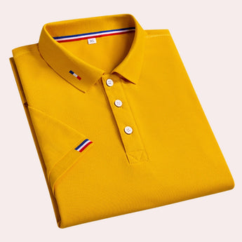 Men's luxury teal polo shirt with designer stripe trim, featuring a buttoned collar and sleeves.