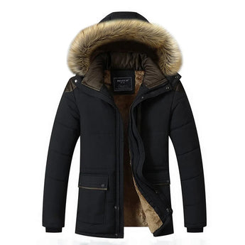 Men's black 2XL luxury waterproof insulated parka with a fur-trimmed hood, featuring long sleeves, a high collar, and an overcoat design.
