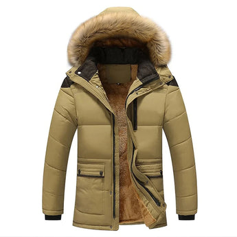 Men's khaki waterproof insulated parka with fur-lined hood, showcasing long sleeves and a high collar, designed in a natural material for warmth and style in size 2XL.