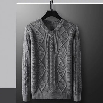 Men's gray 6XL wool turtleneck sweater with long sleeves displayed on a clothes hanger, showcasing its high-quality fabric and designer fashion appeal.