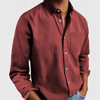 Men's durable outdoor workwear shirt in military green canvas material, featuring long sleeves and a sturdy collar design, available in a large 5XL size and accented with red details.