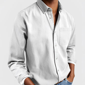 Men's white dress shirt with 5XL size, featuring durable canvas material, suitable for outdoor workwear, displayed with focus on the shoulder, neck, and sleeve areas.