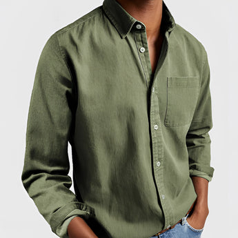 Men's military green canvas shirt in size 5XL, featuring a durable construction, long sleeves, and a classic collar, suitable for outdoor work environments.