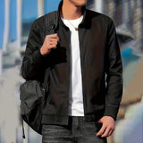 Men's minimalist black bomber jacket in 2XL size, featuring a sleek design with a collar, long sleeves, and a comfortable fit around the waist, styled in a versatile and modern look.