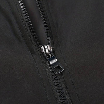 Men's minimalist black bomber jacket featuring a sleek design with a classic collar and long sleeves. The jacket is versatile for various outfits and occasions.
