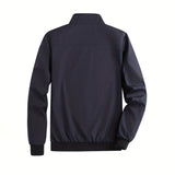 Men's minimalist black bomber jacket featuring a sleek design with long sleeves, a collar, and a zip-up front.