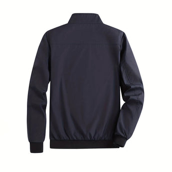 Men's minimalist black bomber jacket featuring a sleek design with long sleeves, a collar, and a zip-up front.