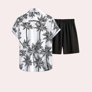 Men's monochrome beachwear set featuring a palm print design, including a short-sleeve shirt with a collar and matching shorts, displayed on a solid magenta background.