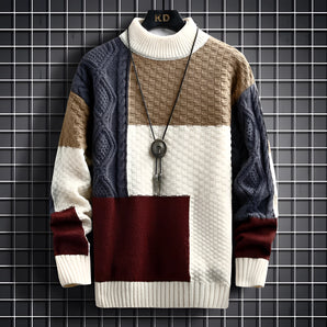 Men's multi-color patchwork crewneck sweater in Rosso1 variant, size 3XL, featuring a mix of colors with prominent white and grey patches, long sleeves, and a ribbed collar, designed as winter knitwear.