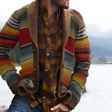 Men's multicolor striped heavyweight shawl collar cardigan in yellow, size 5XL, featuring a tartan plaid pattern with long sleeves.