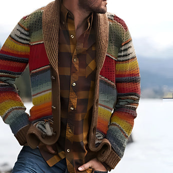 Men's multicolor striped heavyweight shawl collar cardigan in yellow, size 5XL, featuring a tartan plaid pattern with long sleeves.