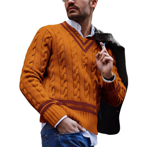 Men's mustard cable knit V-neck wool sweater in orange, size XL, featuring long sleeves and a textured pattern.