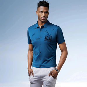 Men's nautical teal embroidered polo shirt featuring a classic collar, short sleeves, and a stylish summer design, with visible shoulder and waist details.