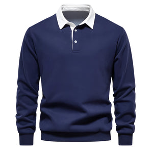 Men's navy blue collared knitwear sweater with long sleeves, suitable for casual business settings, shown in a 2XL size.