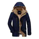 Men's navy blue insulated parka with faux fur hood, featuring long sleeves, a collar, and multiple pockets, in size 3XL.