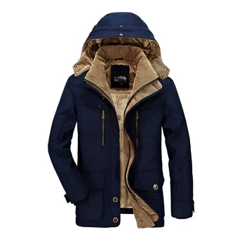 Men's navy blue insulated parka with faux fur hood, featuring long sleeves, a collar, and multiple pockets, in size 3XL.