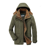 Men's navy blue insulated parka with faux fur hood, featuring long sleeves and a high collar.
