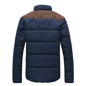 Men's navy blue insulated water-resistant puffer jacket with long sleeves and a high collar, shown in a sporty and casual style.
