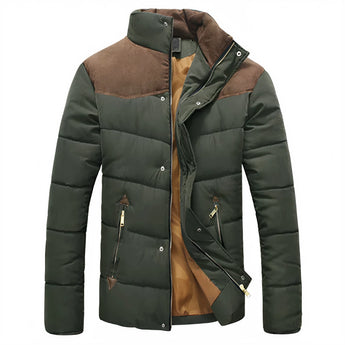 Men's green insulated water-resistant puffer jacket with a high collar, long sleeves, and pockets, designed for cold weather.