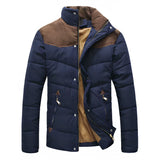 Men's navy blue insulated water-resistant puffer jacket in dark blue, size 3XL, featuring long sleeves, a collar, front pockets, and button detailing.