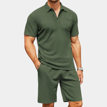 Men's light green polo and shorts set, featuring a breathable short-sleeve polo shirt with a collar and matching active shorts, designed for casual summer wear.