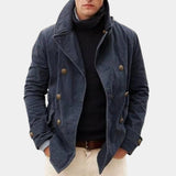 Men's navy blue wool double-breasted peacoat featuring wide lapels, button closure, and long sleeves, styled for winter fashion.