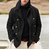 Men's black wool double-breasted peacoat, featuring an overcoat style with a structured collar and long sleeves, designed for winter fashion.