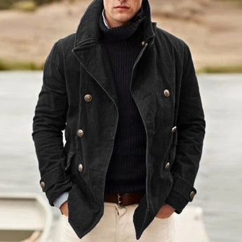 Men's black wool double-breasted peacoat, featuring an overcoat style with a structured collar and long sleeves, designed for winter fashion.