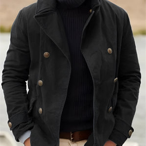 Men's navy double-breasted military pea coat featuring brass buttons, with a classic collar and long sleeves, available in Nero color, size 4XL.