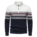 Men's navy geometric knit sweater with white two-tone design, zip pullover, long sleeves, and collar in size 2XL.
