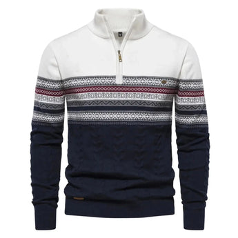 Men's navy geometric knit sweater with white two-tone design, zip pullover, long sleeves, and collar in size 2XL.