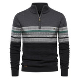 Men's navy geometric knit sweater in dark gray, two-tone winter zip pullover, 2XL, featuring a patterned design, long sleeves, and a high collar.