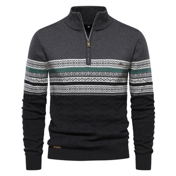 Men's navy geometric knit sweater in dark gray, two-tone winter zip pullover, 2XL, featuring a patterned design, long sleeves, and a high collar.
