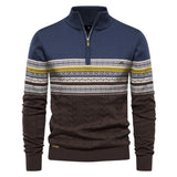 Men's navy geometric knit sweater with a two-tone design, featuring a zip-up collar, long sleeves, and a dark blue color in size 2XL.