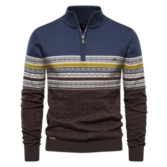 Men's navy geometric knit sweater with a two-tone design, featuring a zip-up collar, long sleeves, and a dark blue color in size 2XL.