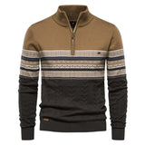 Men's navy geometric knit sweater, two-tone winter zip pullover, shown in khaki color, size 2XL, featuring long sleeves and a high collar.