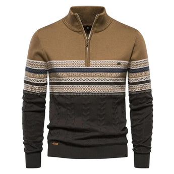 Men's navy geometric knit sweater, two-tone winter zip pullover, shown in khaki color, size 2XL, featuring long sleeves and a high collar.