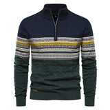 Men's navy geometric knit sweater in dark blue, featuring a two-tone winter design with a zip pullover, long sleeves, and a patterned woolen texture.
