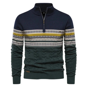 Men's navy geometric knit sweater in dark blue, featuring a two-tone winter design with a zip pullover, long sleeves, and a patterned woolen texture.